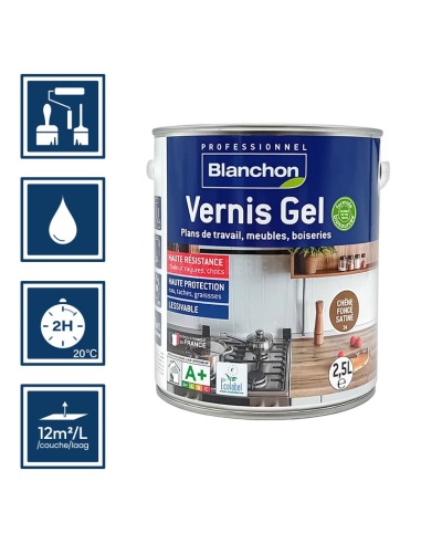 Pictos : application; temps de séchage 2h; nettoyage ustensiles à l'eau; rendement 12m²/l/couches